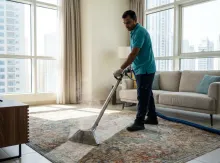 Rug being cleaned with an extraction machine