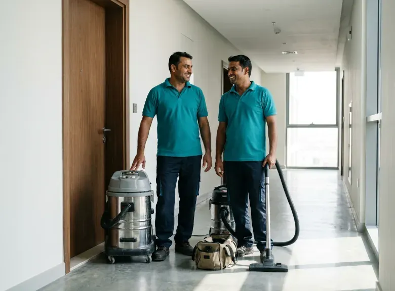 Two cleaning technicians with professional equipment at an apartment door